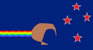 Nyan Kiwi by Fosh (Wellington) This flag combines the Southern Cross and colour scheme of our existing flag, with the rainbow design of the popular Nyan Cat meme. This design uses the Nyan Kiwi. The kiwi's colour represents our mixed race society, and its trail represents the colourful variety of cultures present in New Zealand society. The Nyan theme music could also be used as fresh, and simpler, national anthem.