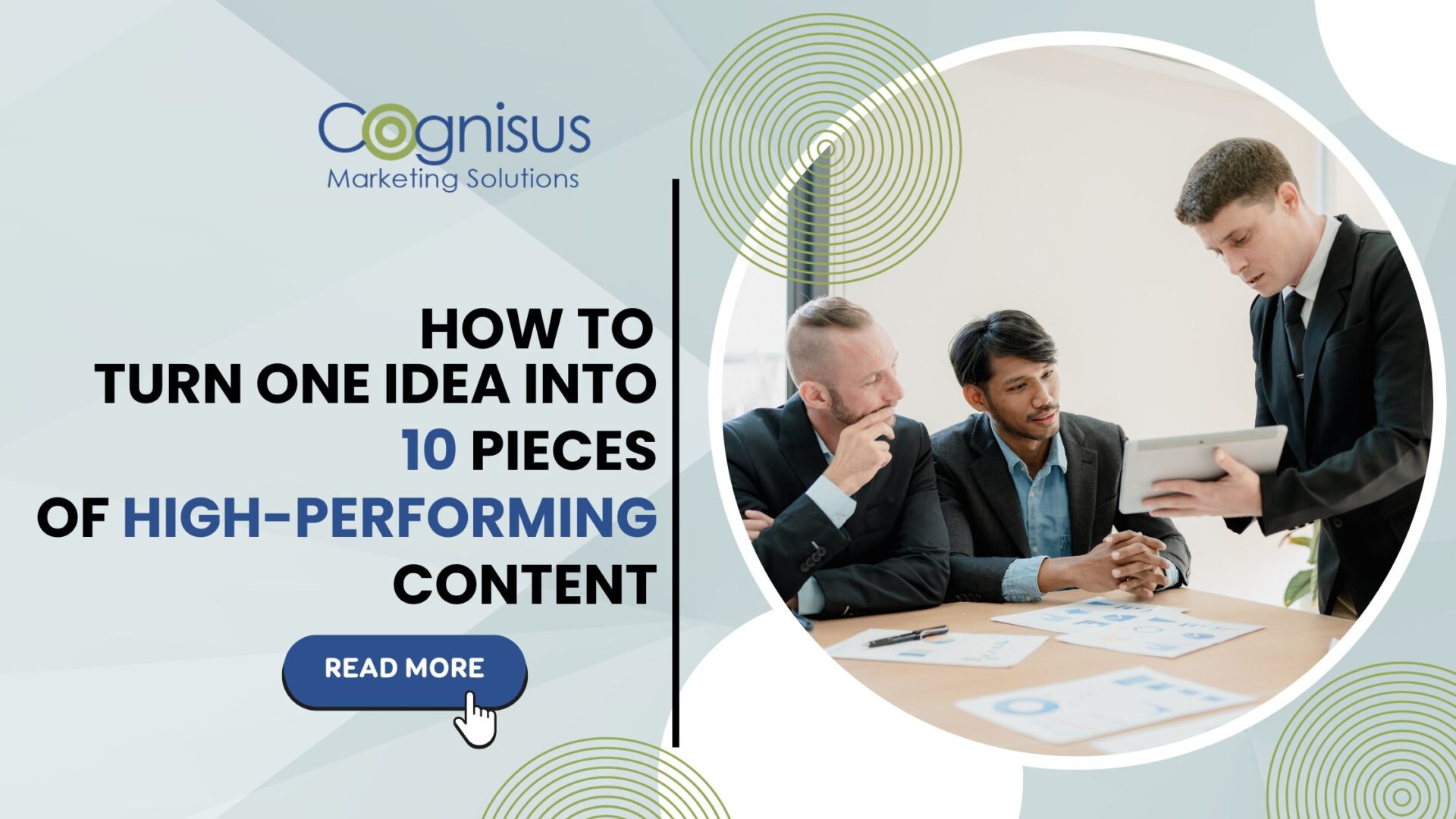 A professional group meeting with a presenter showing a digital device to colleagues with the blog title highlighted.