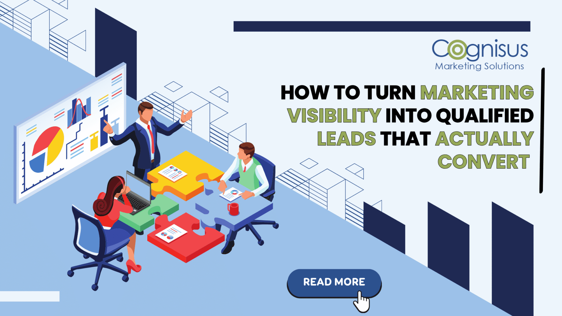 A team discusses strategies with charts and colorful puzzle pieces on the table, with the blog title highlighted.